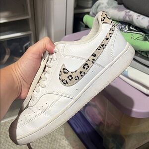 Nike White Sneakers with Leopard Print Swoosh